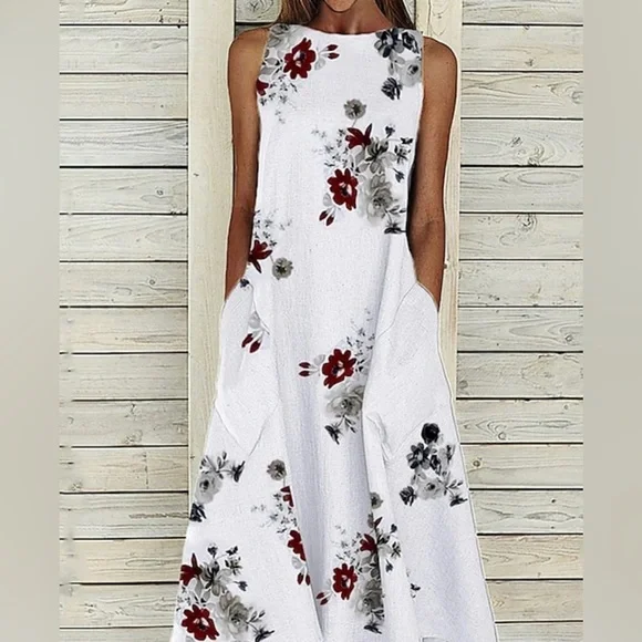 Floral A LINE Crew Neck MIDI DRESS with Pockets Women Size Small White NWOT - Picture 3 of 7